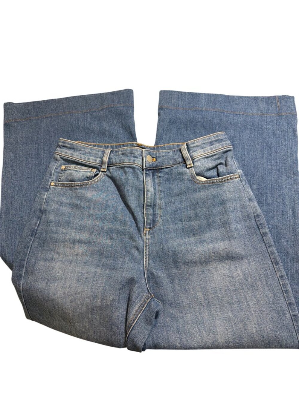 Talbots Wide Leg Jeans High Waist Blue Denim Stretch Flattering Pockets Size 10